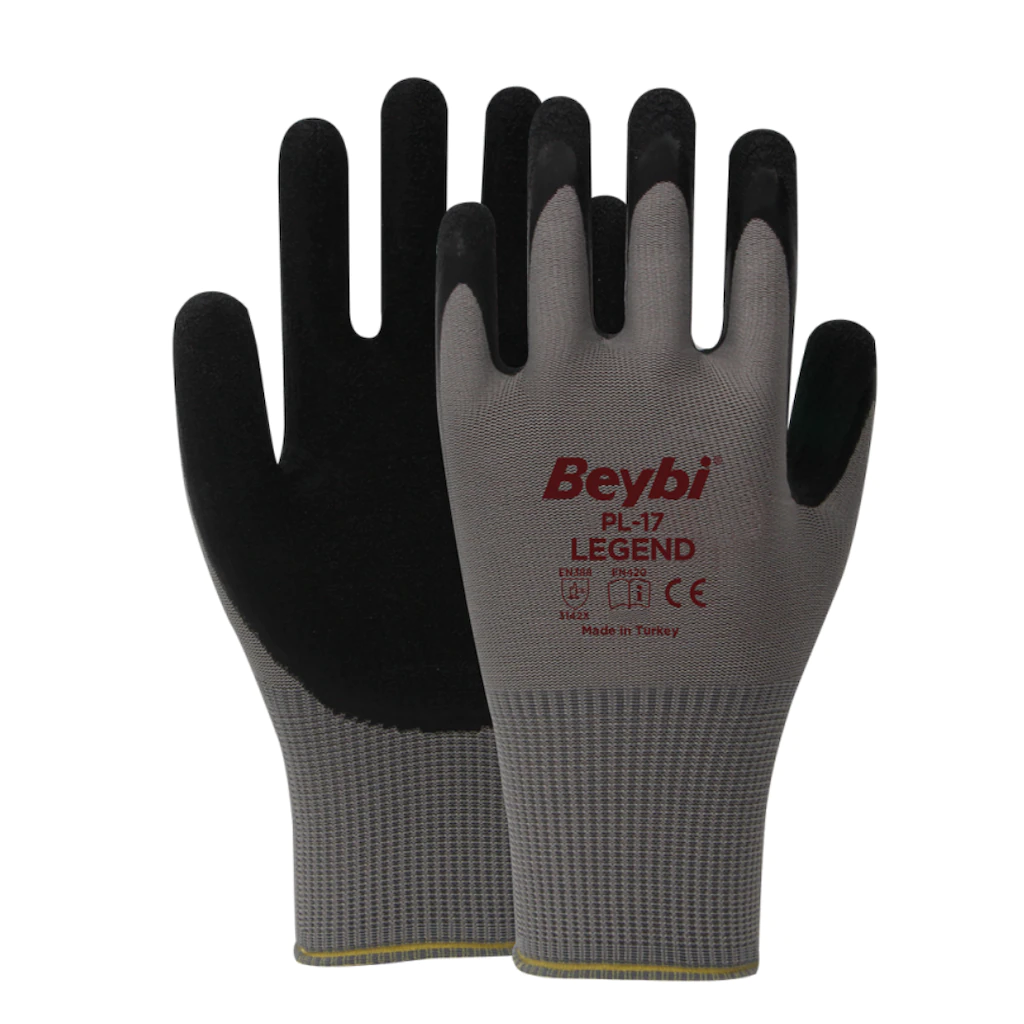 Beybi PL17 Legend Polyester Örme Lateks Camcı Iş Eldiveni Siyah 1 Çift