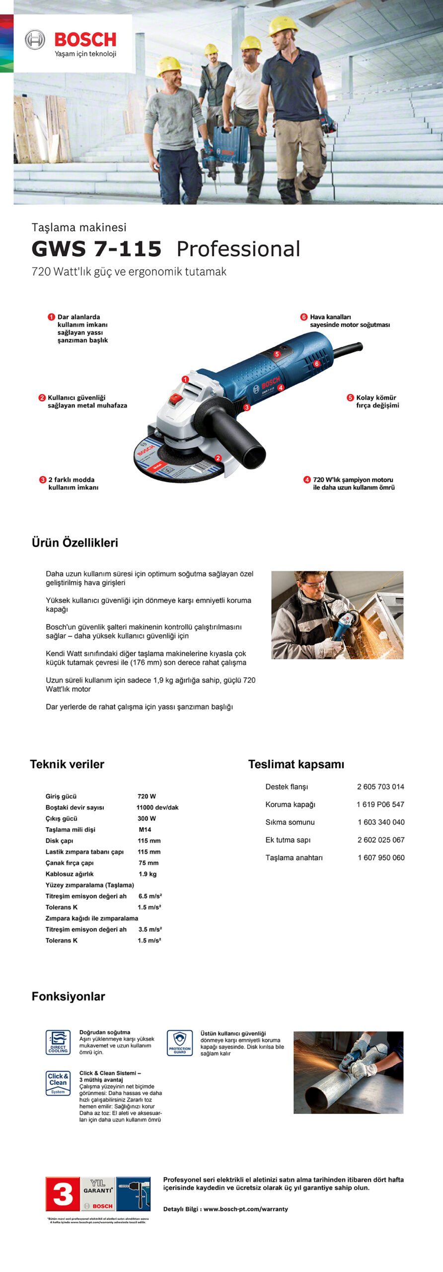 Bosch GWS 7-115 Profesyonel Avuç Taşlama 720 Watt