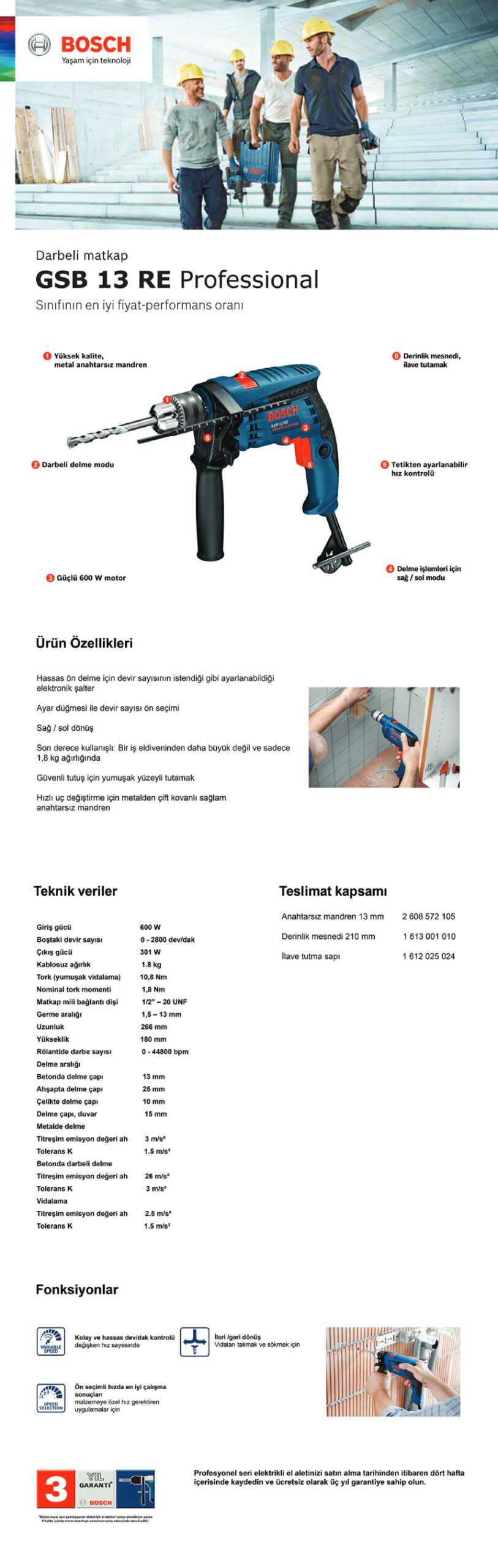 Bosch Gsb 13 Re 600 W Darbeli Matkap Bosch 15 Parça Matkap ve Vidalama Ucu Seti