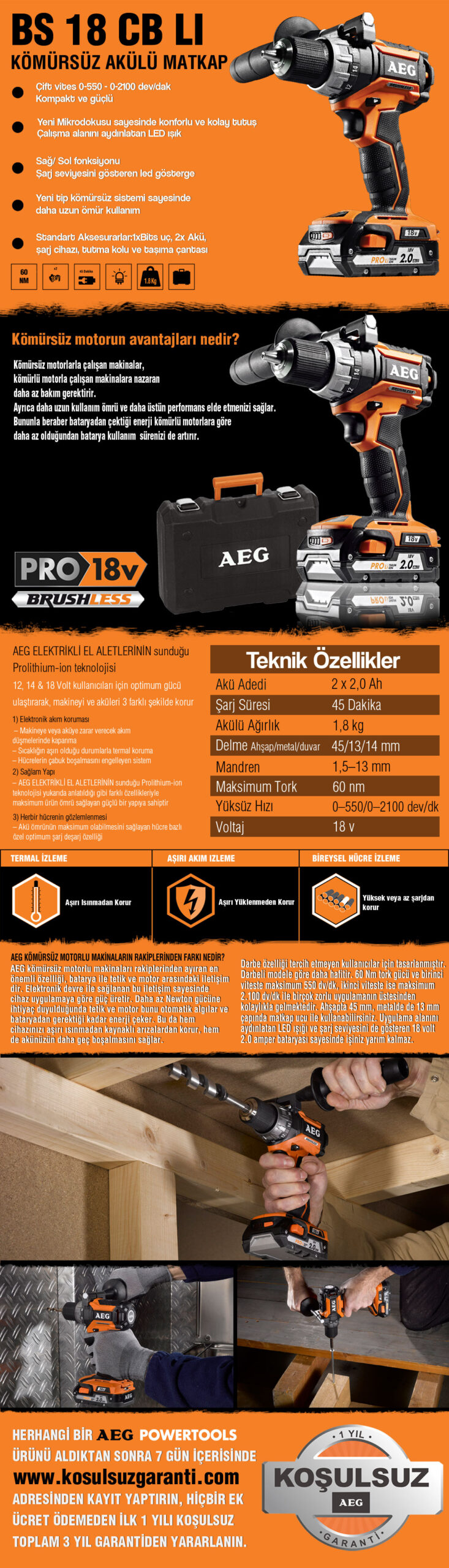 AEG BS 18 CB LI Çift Kömürsüz Akülü Matkap (Lithium ion 18 V; 2.0 Ah)